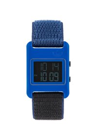 Orologio digitale con una vivace cassa in plastica blu e un cinturino intrecciato nero. Presenta un display digitale nero che mostra l'ora con cifre azzurre a contrasto.