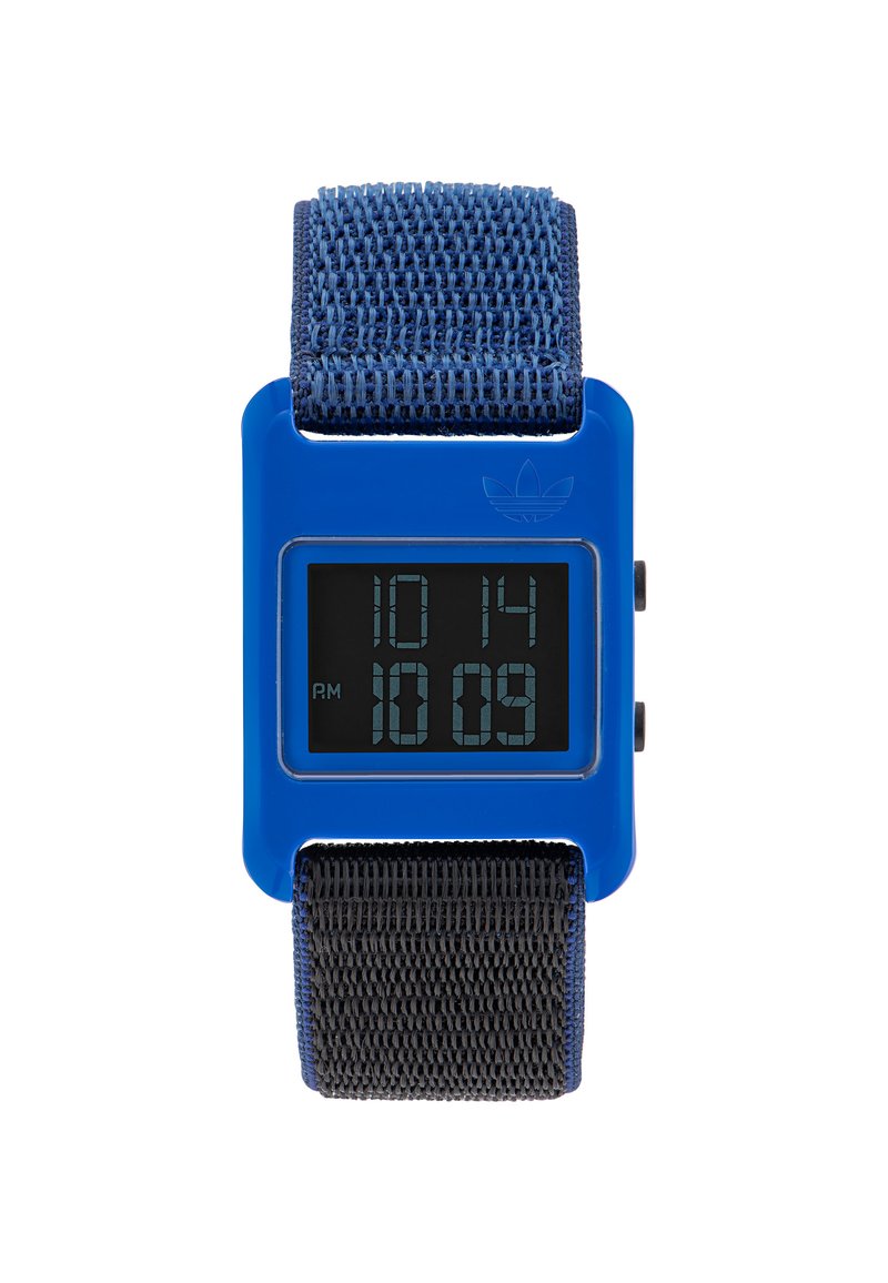 Orologio digitale con una vivace cassa in plastica blu e un cinturino intrecciato nero. Presenta un display digitale nero che mostra l'ora con cifre azzurre a contrasto.