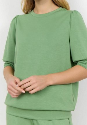 Grüner Pullover mit puffärmel, aus weichem Stoff gefertigt. Hat einen runden Ausschnitt und eine lockere Passform, ideal für legere Anlässe.