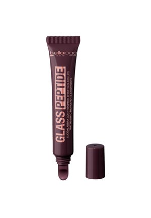 Tubetto di gloss per labbra Bellàggi Italia Glass Peptide con punta applicatore e tappo viola scuro rimosso accanto su sfondo bianco.