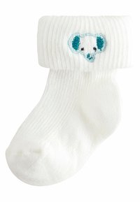 Weiße, gerippte Socken mit einem umgeschlagenen Bündchen, das ein gesticktes Koala-Design in Hellblau und Schwarz auf der Vorderseite zeigt.