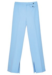 Light blue tailored pants with a high waist, front buttoned tab, straight legs, and front slits at the hem.