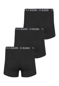 Črne bombažne bokserice s elastičnim pasom, ki vsebujejo belo oznako "POLO ASSN."; prikazane so tri pare z zasnovo srednje pokritosti.