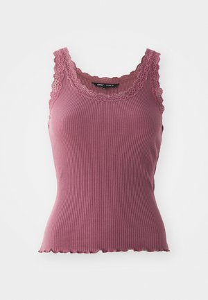 Ribbed pink tank top with a scalloped hem and lace trim along the neckline and straps, made from soft, stretchy material.
