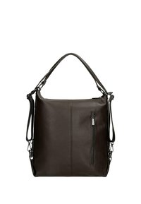 Hnědá kožená kabelka s texturovaným povrchem, jedním horním uchopem, nastavitelním ramenním popruhem a přední kapsou na zip. Obdélníkový tvar.