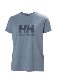 Camiseta de algodón de color azul claro con un logo "HH" en azul oscuro y el texto "HELly HANSEN" en el frontal. Cuello redondo clásico y mangas cortas.