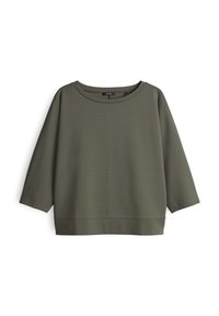 Olijfgroene sweatshirt met een ronde halslijn, driekwartmouwen en een rechte zoom. Gemaakt van een zachte, gestructureerde stof zonder patronen.