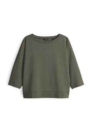 Olive green sweatshirt with a round neckline, three-quarter sleeves, and a straight hem. Made of soft, textured fabric without patterns.