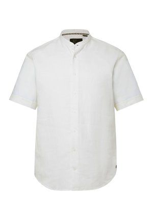 Weißes kurzärmeliges Hemd mit Knopfleiste, Stehkragen und leicht gebogtem Saum.