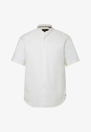 Hvid kortærmet skjorte med knapper og mandarin-krave samt en let buet nederkant.