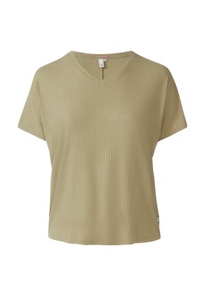 T-shirt en coton côtelé kaki avec des manches courtes et un col en V. Texture douce, coupe ample, avec une petite étiquette logo sur le côté gauche.