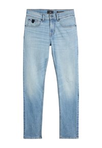 Jeans in denim blu chiaro con una vestibilità slim, design a cinque tasche e un leggero sbiadimento. Presentano una chiusura con bottone e zip, con una vita marchiata.