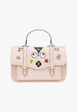 Borsa a tracolla rosa chiaro con manico nero e fibbie dorate, decorata con occhi ricamati, coccinella, simbolo della pace, nuvola, cuore e testo "EYE THEME".
