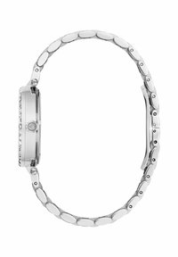 Sølv metallic ur med et poleret rundt urkasse, der har et forlænget bånd af ovale led og en struktureret bezel. Ingen synlige tal eller markeringer.