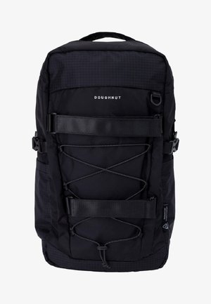 Black backpack with a textured surface, featuring horizontal straps, a bungee cord system, and a logo on the front. Includes adjustable side buckles.