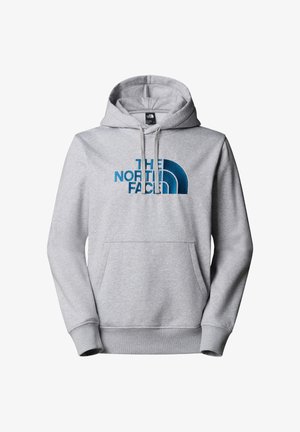Hoodie gris en tissu doux, avec une poche frontale, un capuchon à cordon de serrage et un logo bleu brodé avec un design en demi-cercle.