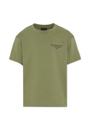 T-shirt verde oliva a maniche corte con scollo rotondo e piccola scritta nera Givenchy e indirizzo stampati sul petto in alto a sinistra.