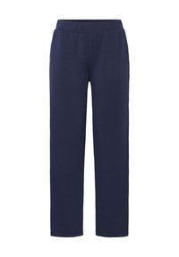 Pantaloni della tuta blu navy realizzati in tessuto morbido, con vita elasticizzata e design a gamba dritta, senza tasche visibili né motivi.