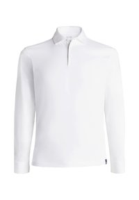 Langärmliges weißes Poloshirt aus glattem Stoff, mit Polokragen, Dreiknopfverschluss und kleinem marineblauen Logo am Saum.