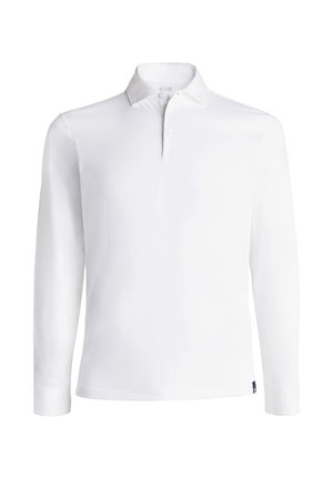 Pikkade varrukatega valge polo särk, mis on valmistatud siledast kangast, sisaldab polo kraed, kolme nupuga nööppliiatsit ja väikest tumesinine logo äärisel.