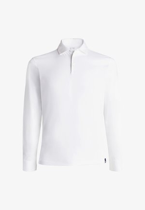 Pikkade varrukatega valge polo särk, mis on valmistatud siledast kangast, sisaldab polo kraed, kolme nupuga nööppliiatsit ja väikest tumesinine logo äärisel.