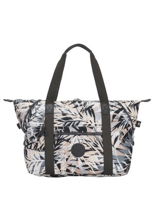 Grand sac cabas avec poignées noires et motif abstrait de feuilles beige, noir et gris, poche avant zippée et écusson rond avec logo.