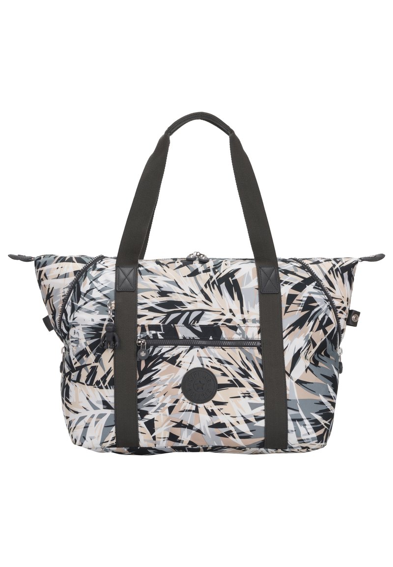 Grand sac cabas avec poignées noires et motif abstrait de feuilles beige, noir et gris, poche avant zippée et écusson rond avec logo.