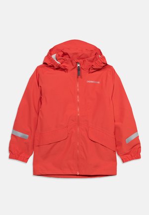 Bright orange children's rain jacket with hood, full front zipper, two front flap pockets, elastic cuffs, and reflective strips on sleeves.