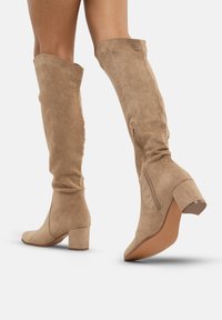 Botas de ante color marrón claro hasta la rodilla con un tacón cuadrado, que cuentan con una cremallera lateral y una textura suave, diseñadas para ajustarse al contorno de la pierna.