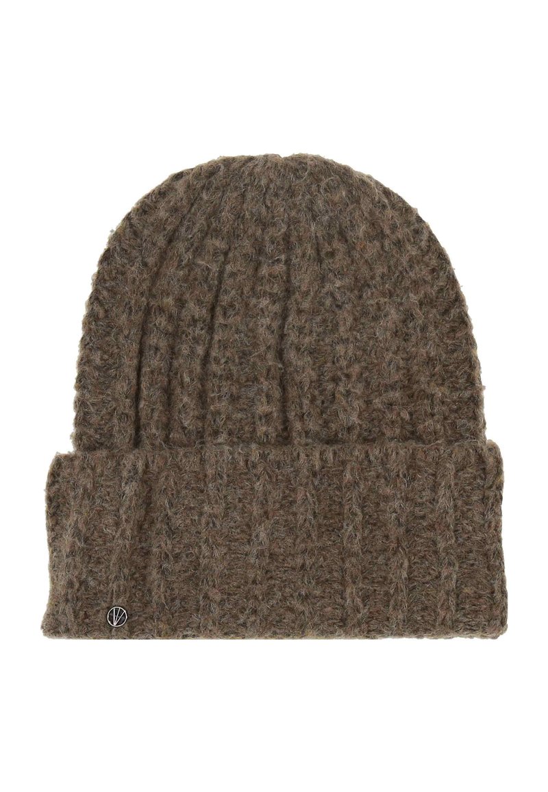 Brown fuzzy knit beanie with ribbed pattern and folded cuff featuring a small round metal logo on the lower left side.