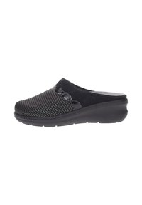 Zoccoli neri slip-on con un upper in rete, dettagli lisci e suola imbottita. Il design è lineare con un leggero tacco.