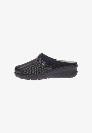 Zoccoli neri slip-on con un upper in rete, dettagli lisci e suola imbottita. Il design è lineare con un leggero tacco.