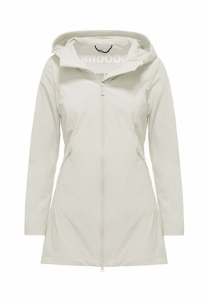 Jasnobeżowa kurtka z kapturem, z długimi rękawami, z zamkiem błyskawicznym z przodu i zasuwanymi kieszeniami po bokach, zaprojektowana z lekko dopasowanym krojem.