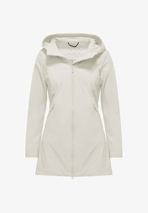 Lichtbeige gewatteerde jas met capuchon, lange mouwen, een ritssluiting aan de voorkant en ritssluitingen aan de zijkanten, ontworpen met een licht getailleerd silhouet.