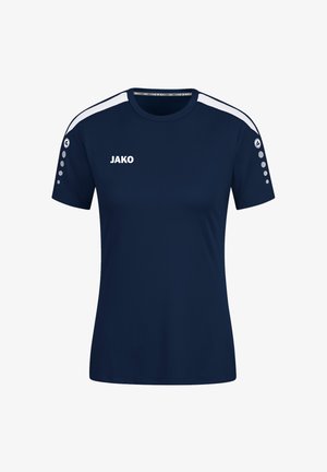 Sportliches T-Shirt in Marineblau aus glattem Stoff. Ausgestattet mit weißen Schulterstreifen, runden Akzenten an den Ärmeln und dem "JAKO"-Logo auf der Vorderseite.