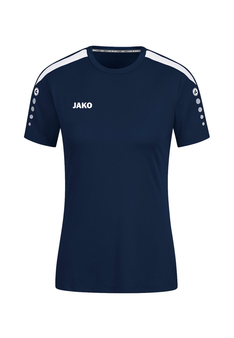 Sportliches T-Shirt in Marineblau aus glattem Stoff. Ausgestattet mit weißen Schulterstreifen, runden Akzenten an den Ärmeln und dem "JAKO"-Logo auf der Vorderseite.