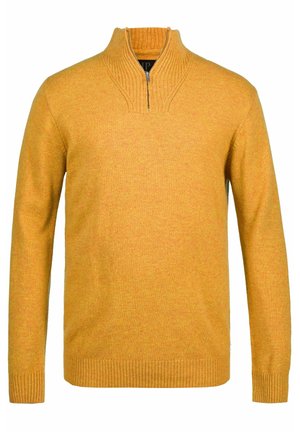 Gelbes Pullover-Sweatshirt mit einem halben Reißverschluss am Kragen, gerippten Manschetten und Saum sowie einem weichen, strukturierten Strickstoff. Ideal für die Freizeit.
