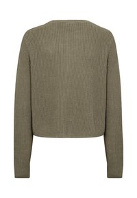 Gekürzter Pullover in olivgrün, aus strukturiertem Strickstoff gefertigt. Verfügt über lange Ärmel und einen runden Ausschnitt mit lockerer Passform.