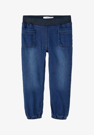 Pantalon jogging en denim bleu pour enfants avec taille élastique, poches plaquées à l'avant et bords élastiques aux chevilles.