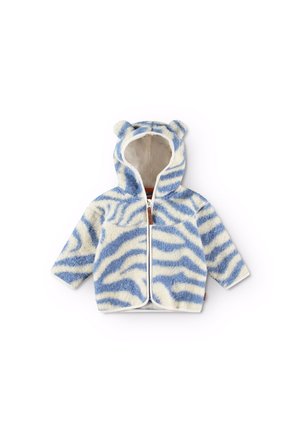 Fleecejakke med hætte, der har blå og hvide zebrastriber. Den har bjørneører, lynlås foran og blød tekstur.