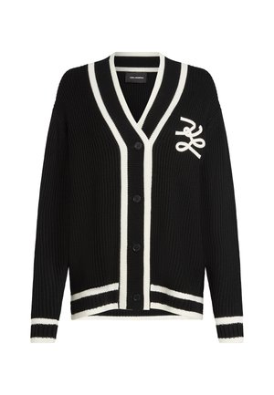 Black ribbed cardigan with white striped accents, featuring a V-neck, button closure, and an embroidered logo on the chest.