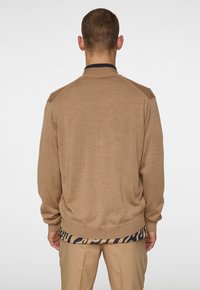 Brun stickad tröja med ribbade ärmslut och nederkant, med krage och mönstrad nederdel i marinblått och krämvitt. Bakåtblick visas.