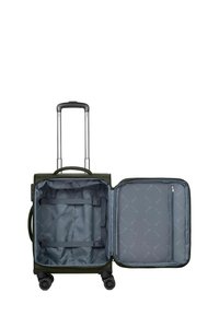 Maleta rígida verde con asa retráctil, doble rueda y un interior espacioso que cuenta con un forro gris, correas y un bolsillo con cremallera.