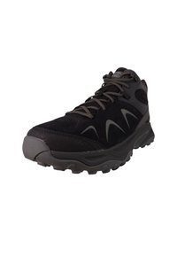 Sort vandresko med overdel i ruskind og mesh, grå detaljer, polstret krave og robust sål for godt greb. Designet til udendørs aktiviteter.