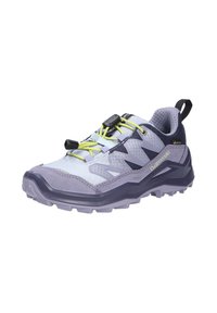 Scarpa da trekking di colore lilla con tomaia in rete e sovrastrutture sintetiche, suola in gomma e sistema di allacciatura rapida con accenti neon.