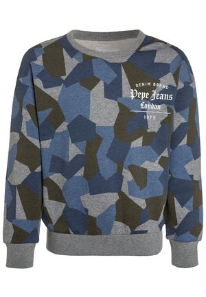 Mikina s dlouhým rukávem a kulatým výstřihem, s geometrickým vzorem v modré, šedé a olivové barvě a bílým logem "Pepe Jeans London 1973" na hrudi.