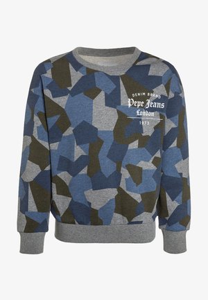 Felpa a maniche lunghe con scollo rotondo, caratterizzata da un motivo geometrico blu, grigio e oliva, e dal logo bianco "Pepe Jeans London 1973" sul petto.