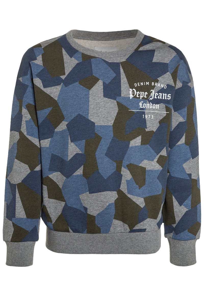 Mikina s dlouhým rukávem a kulatým výstřihem, s geometrickým vzorem v modré, šedé a olivové barvě a bílým logem "Pepe Jeans London 1973" na hrudi.