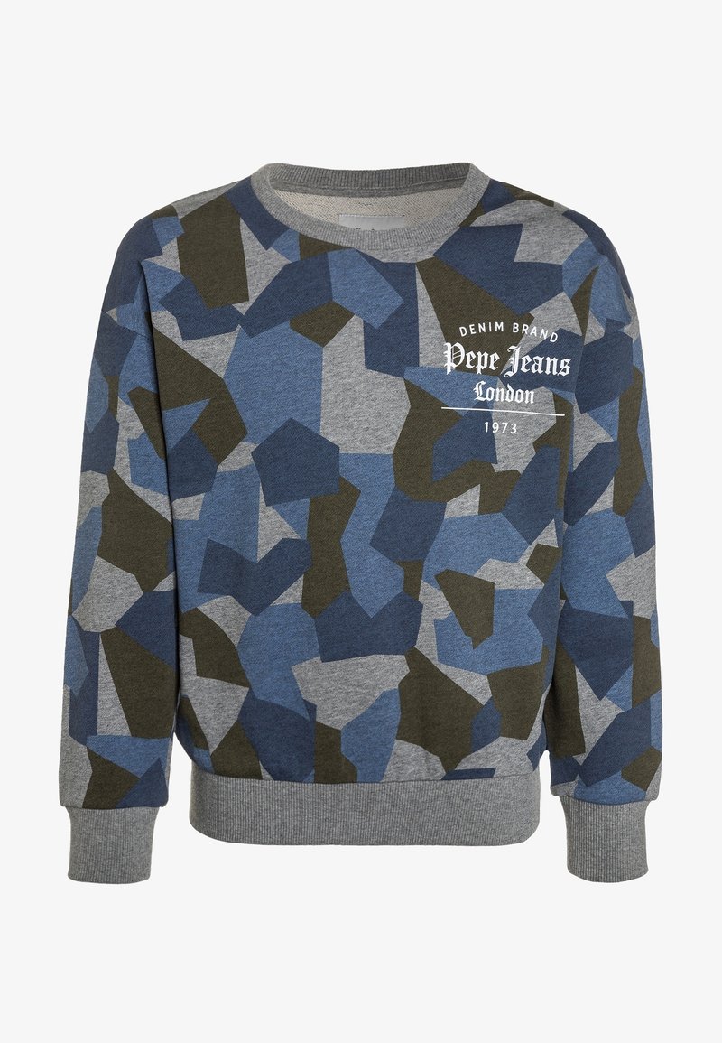 Mikina s dlouhým rukávem a kulatým výstřihem, s geometrickým vzorem v modré, šedé a olivové barvě a bílým logem "Pepe Jeans London 1973" na hrudi.