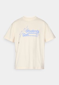 Kremfarget bomull t-skjorte med korte ermer. Framsiden har blå grafisk tekst: "Studenters golfprestasjon kunst" og stjernesymboler.